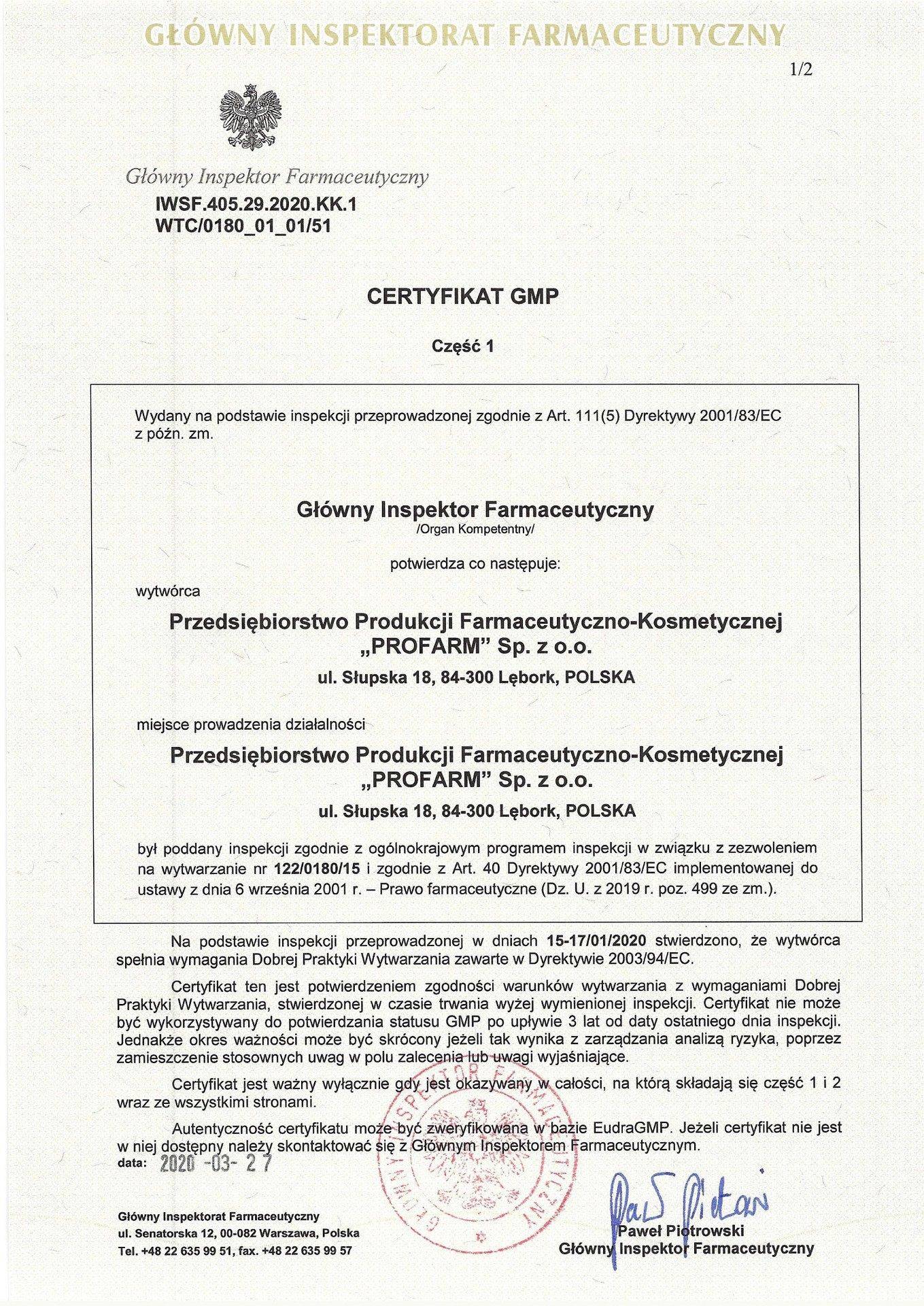 Nowy certyfikat GMP Dobre Praktyki Produkcji